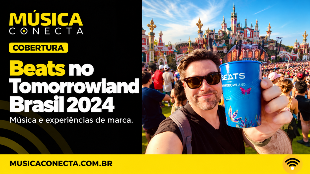 Capa editorial com Myrrha e copo Beats diante do palco do Tomorrowland Brasil 2024
