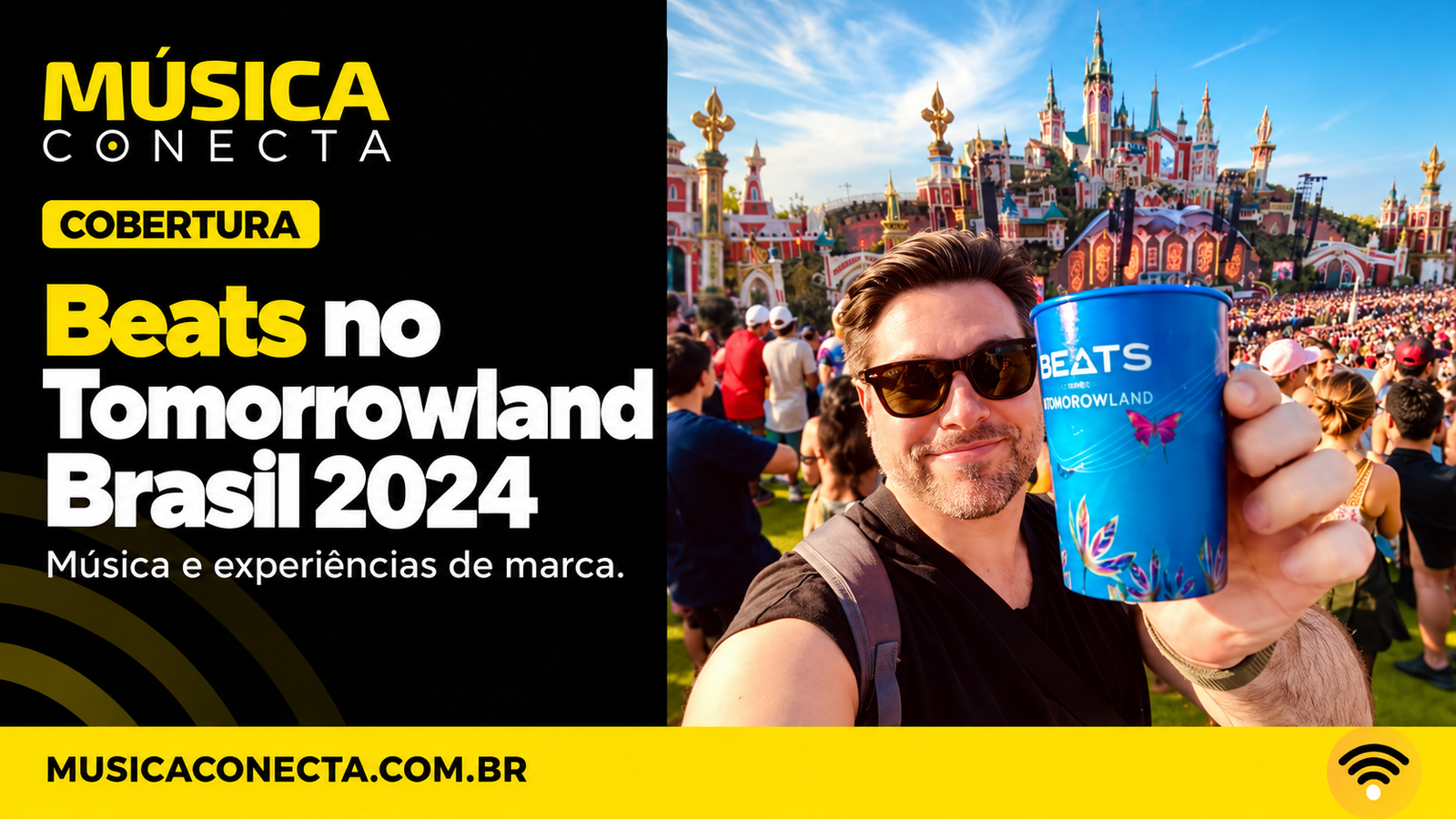 Capa editorial com Myrrha e copo Beats diante do palco do Tomorrowland Brasil 2024